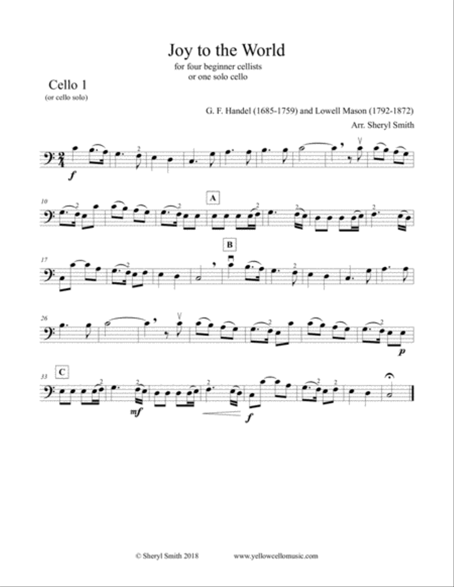 Beginner cello quartet Christmas music: Joy to the World, Adeste Fideles, Carol of the Bells, We Thr