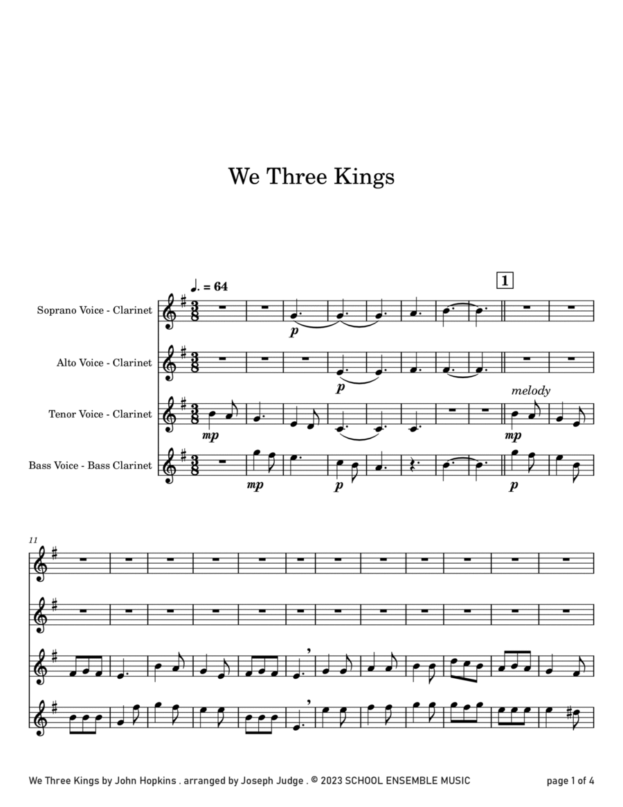We Three Kings for Clarinet Quartet in Schools Clarinet Quartet scores gallery preview page 1