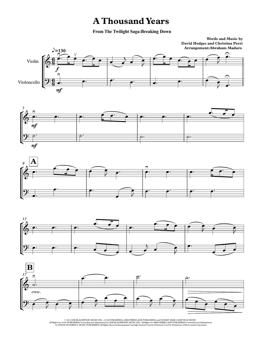 A Thousand Years String Duet scores gallery preview page 1