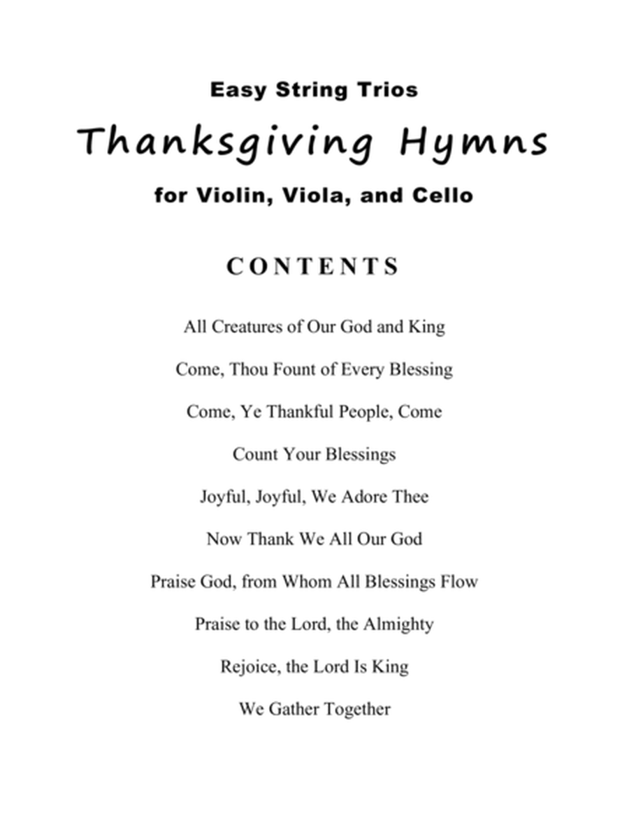 Easy String Trios: Thanksgiving Hymns (A Collection of 10 Easy Trios for Violin, Viola, and Cello) image number null