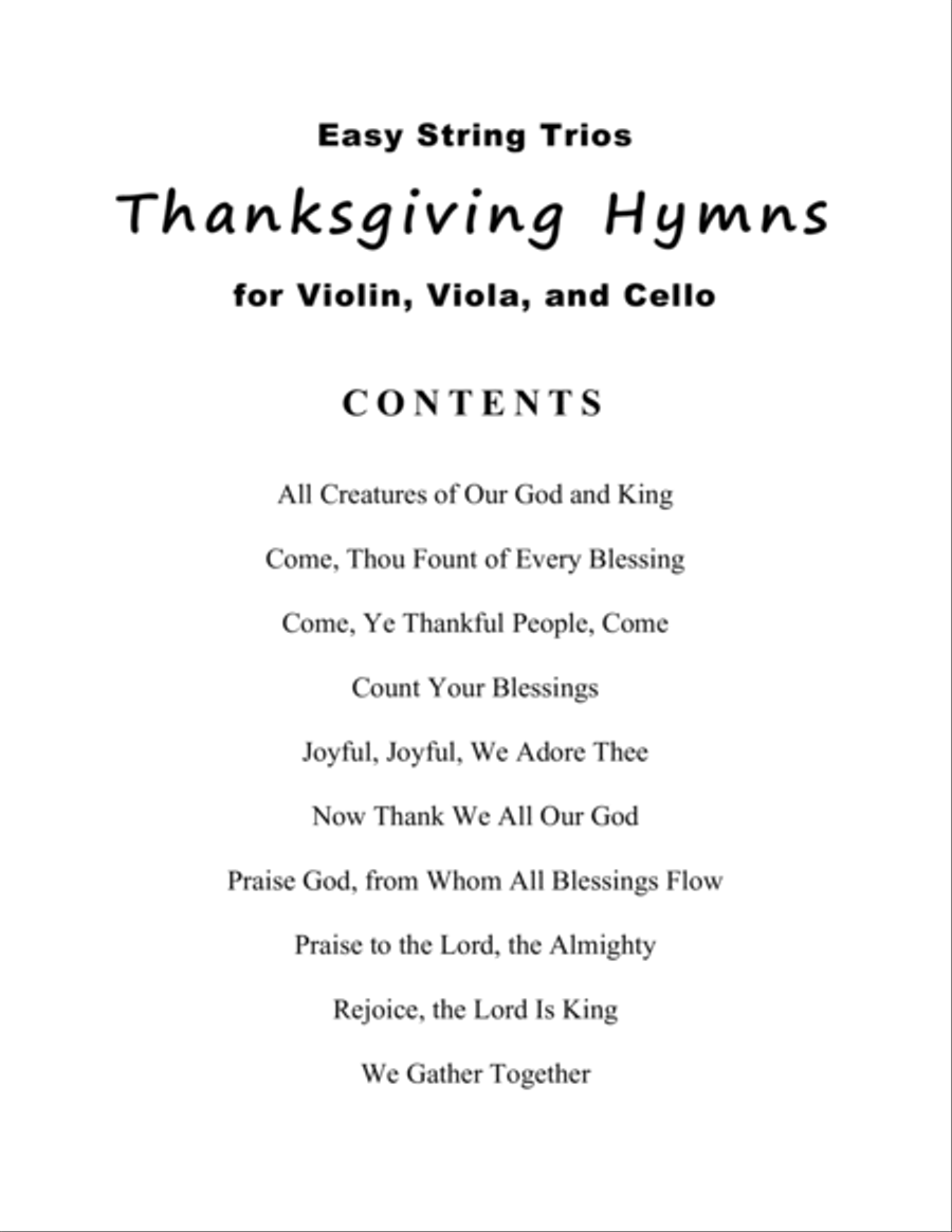 Easy String Trios: Thanksgiving Hymns (A Collection of 10 Easy Trios for Violin, Viola, and Cello) image number null