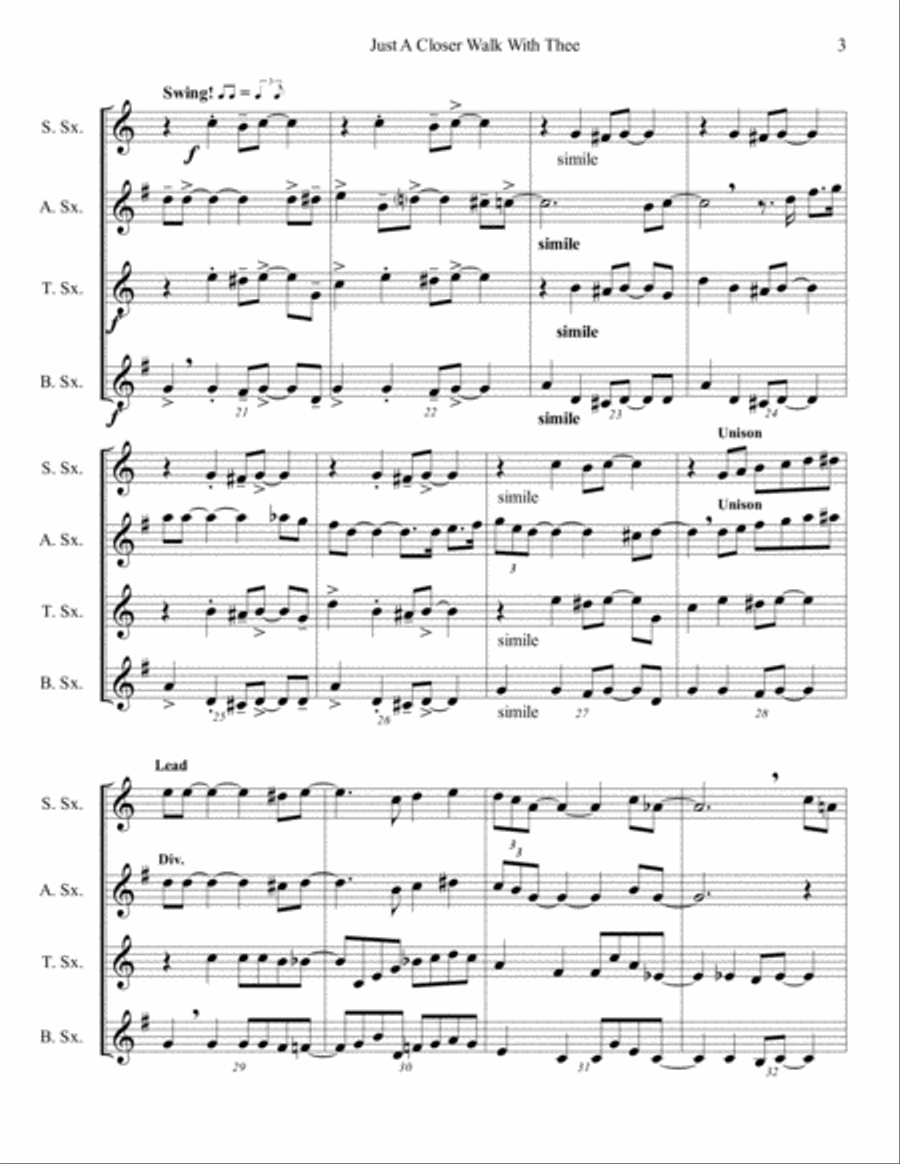 Just A Closer Walk With Thee - Saxophone Quartet (SATB or AATB) - Jazz Funeral Style Saxophone Quartet scores gallery preview page 3