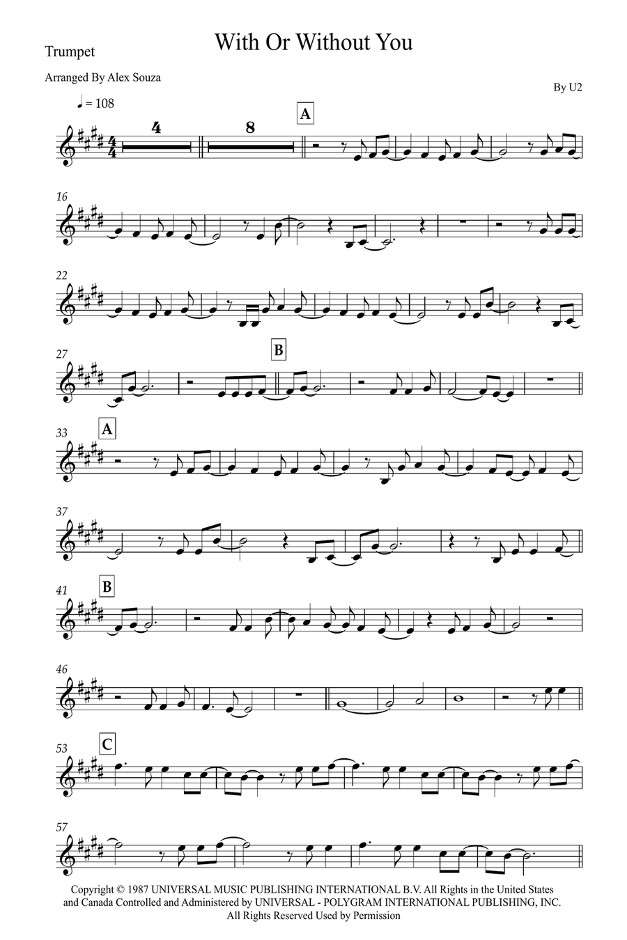 With Or Without You B-Flat Trumpet scores gallery preview page 1