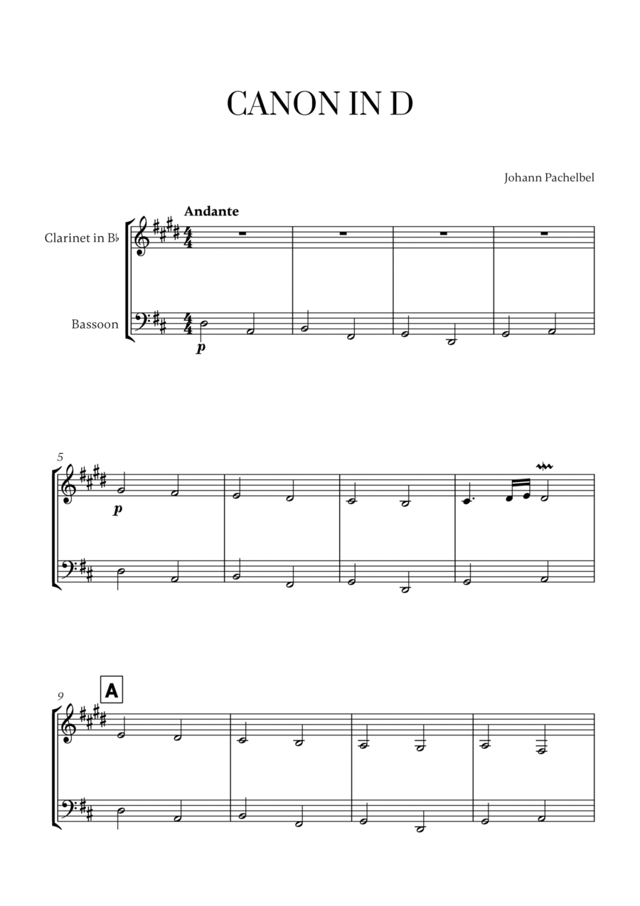 Canon in D (for Clarinet and Bassoon) Woodwind Duet scores gallery preview page 1