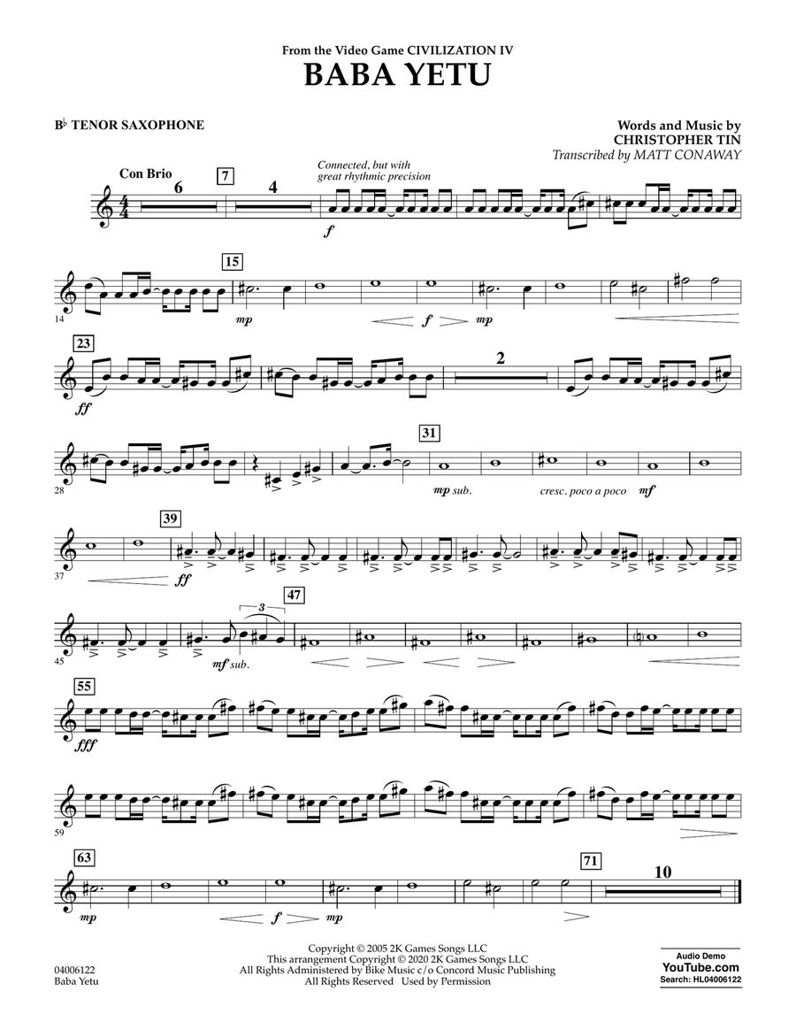 Baba Yetu (from Civilization IV) (trans. Matt Conaway) - Bb Tenor Saxophone