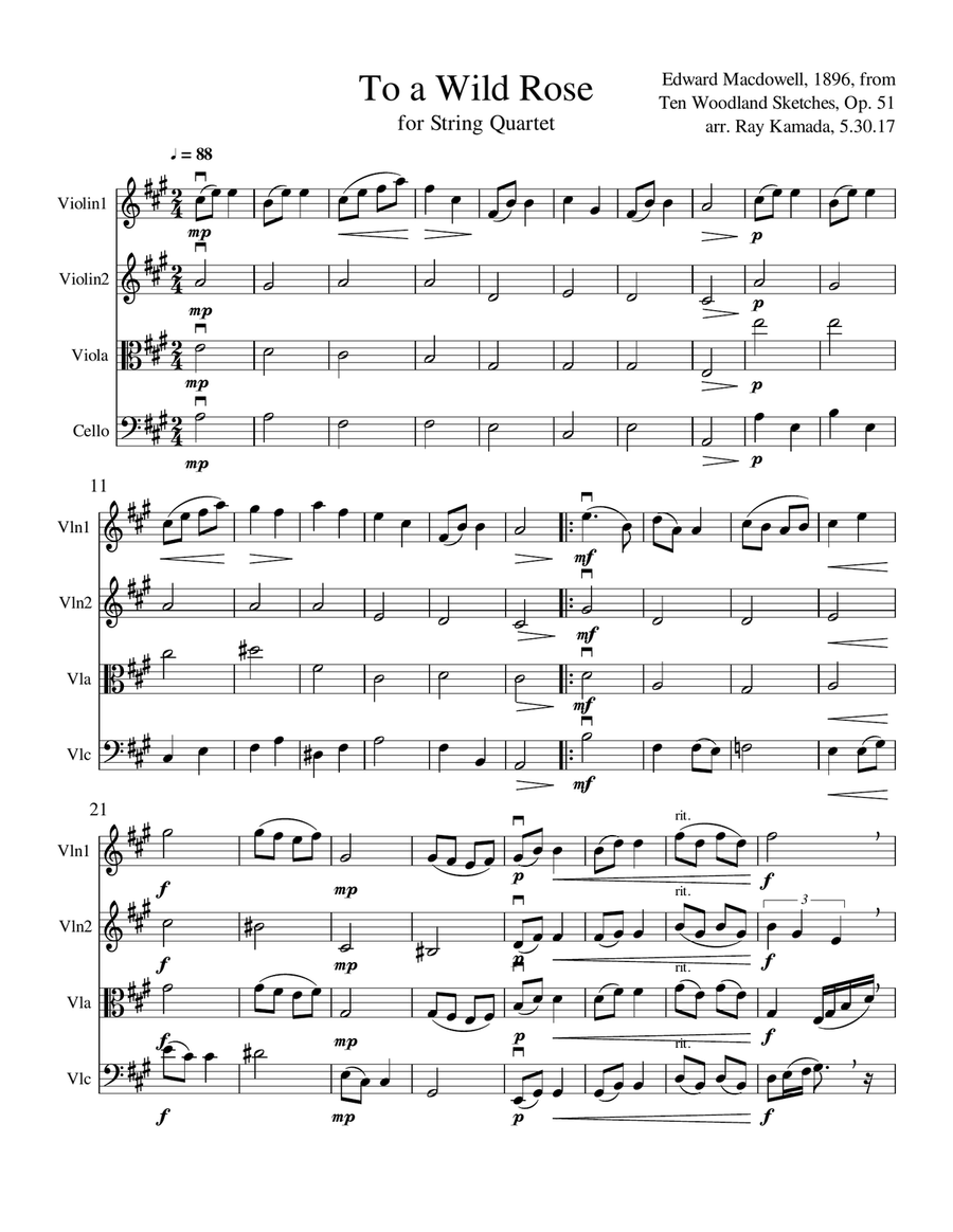 To a Wild Rose, for String Quartet String Quartet scores gallery preview page 1