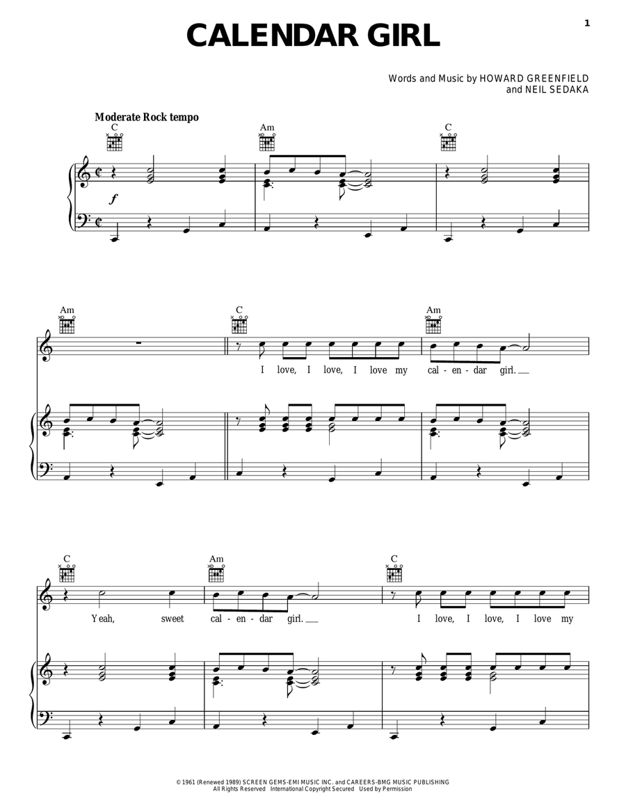 Calendar Girl Calendar Girl Piano, Vocal, Guitar scores gallery preview page 1