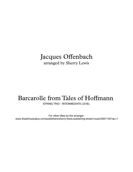 BARCAROLLE from Tales of Hoffmann String Trio, Intermediate Level for 2 violins and cello or violin, image number null