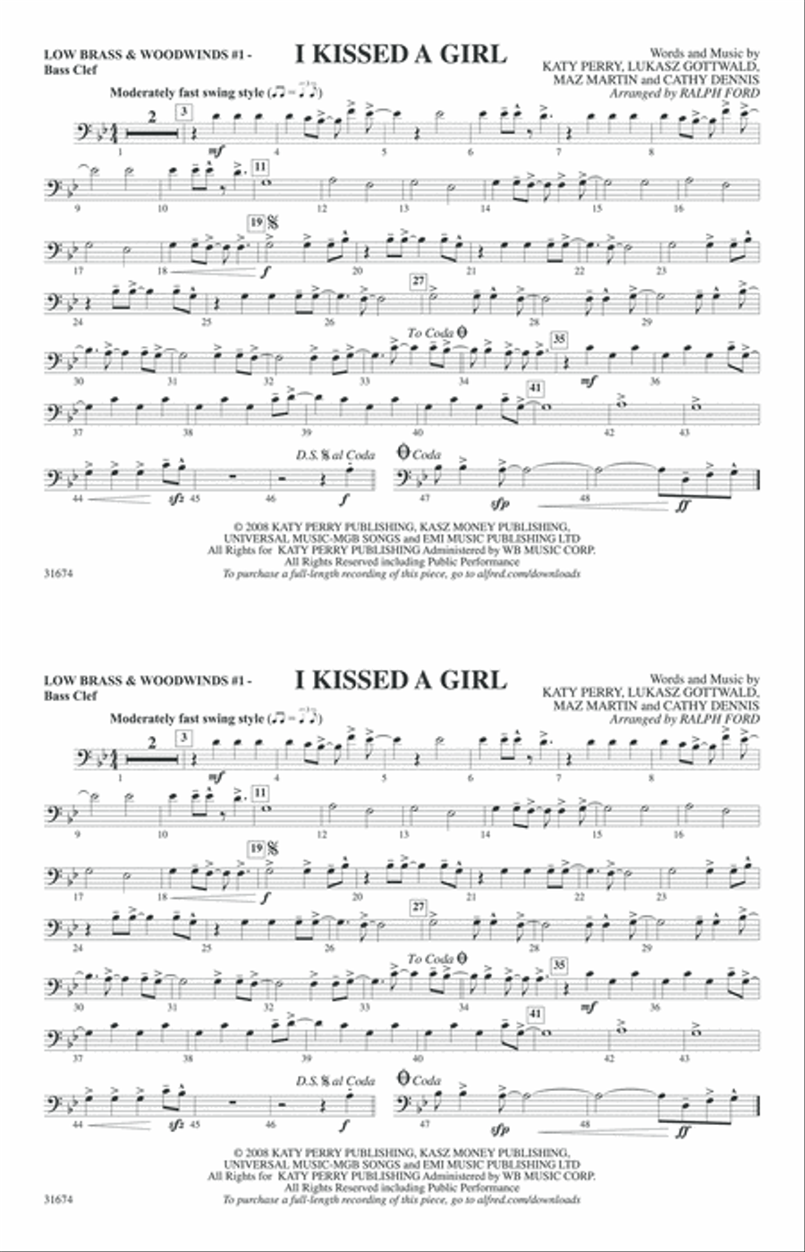 I Kissed a Girl: Low Brass & Woodwinds #1 - Bass Clef Marching Band scores gallery preview page 1