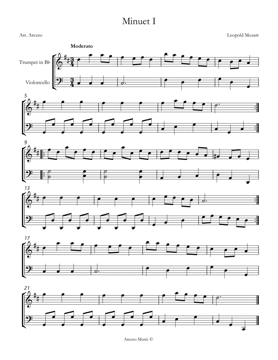 leopold mozart notebook for wolfgang minuet I Trumpet and Cello sheet music Chamber Music scores gallery preview page 1