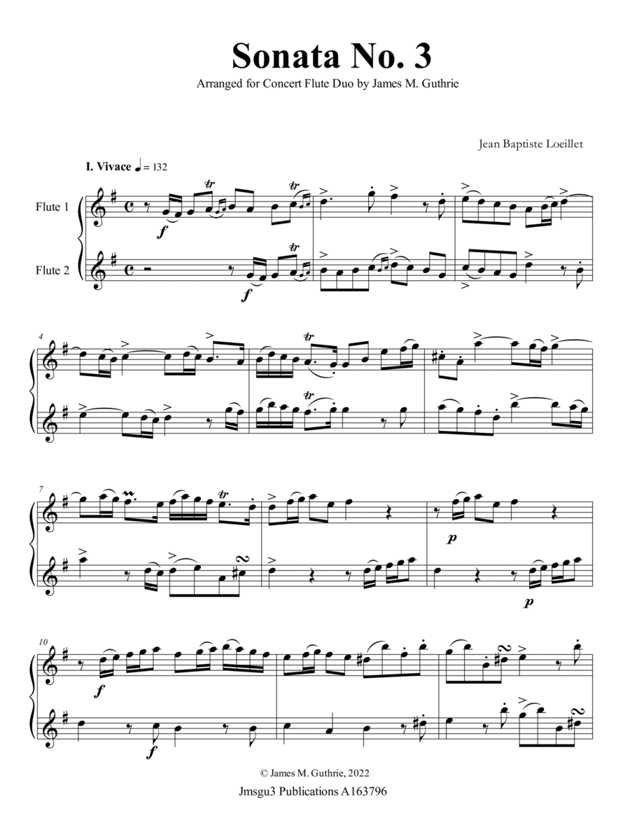 Loeillet: Sonata No. 3 for Flute Duo Flute Duet scores gallery preview page 1