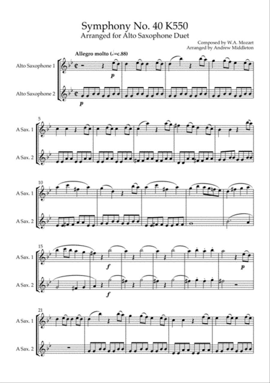 Symphony No. 40 arranged for Alto Saxophone Duet Woodwind Duet scores gallery preview page 3