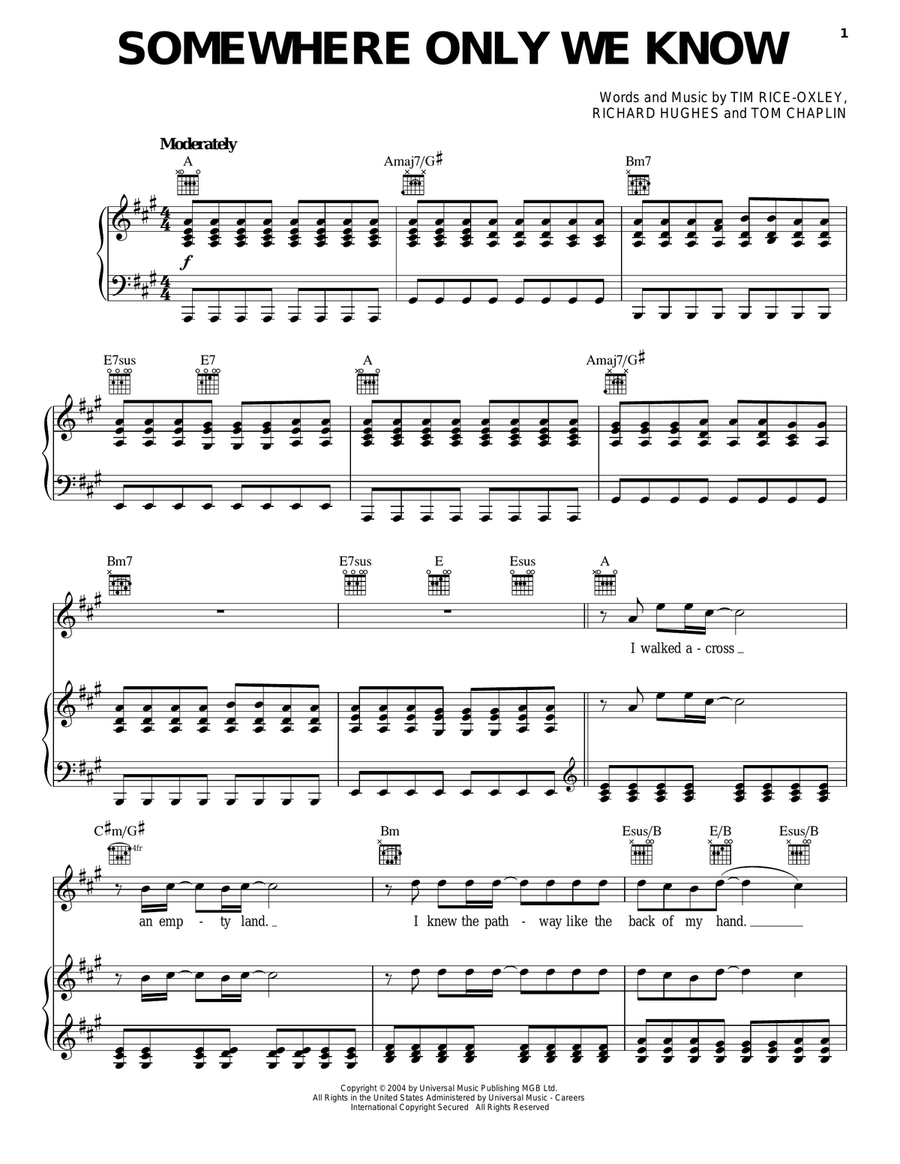 Somewhere Only We Know Piano, Vocal, Guitar scores gallery preview page 1