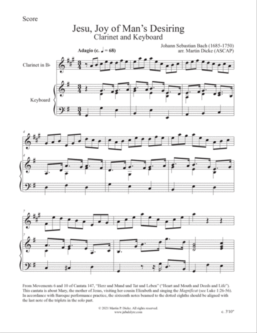 Jesu, Joy of Man's Desiring (Clarinet and Keyboard) B-Flat Clarinet scores gallery preview page 2