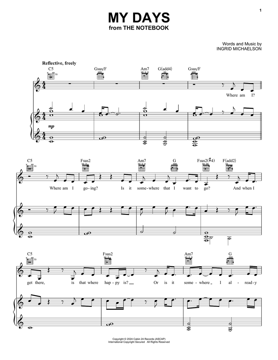 My Days (from The Notebook) Piano, Vocal, Guitar scores gallery preview page 1