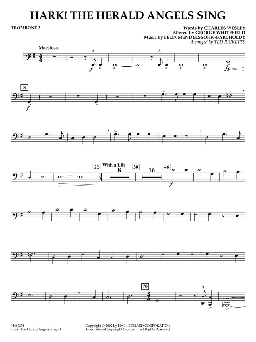 Hark! The Herald Angels Sing (arr. Ted Ricketts) - Trombone 3 Full Orchestra scores gallery preview page 1