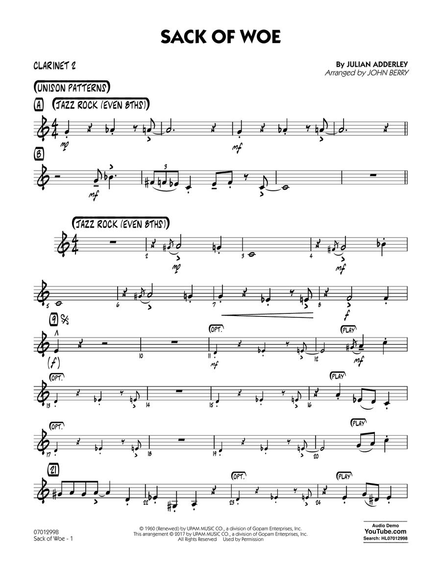 Sack of Woe - Bb Clarinet 2 Jazz Ensemble scores gallery preview page 1