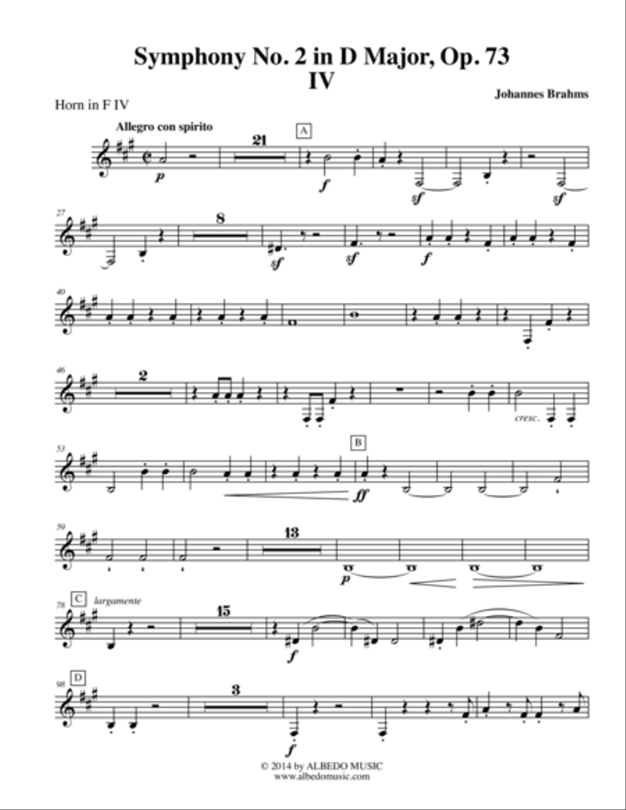 Brahms Symphony No. 2, Movement IV - Horn in F 4 (Transposed Part), Op. 73 Horn Solo scores gallery preview page 1