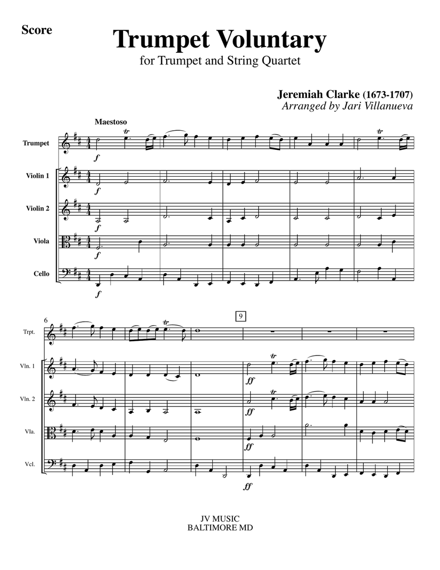 Trumpet Voluntary (Jeremiah Clarke) for Trumpet and String Quartet Chamber Orchestra scores gallery preview page 2