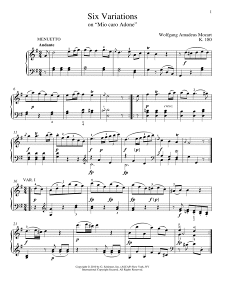 Six Variations on Mio Caro Adone, K. 180