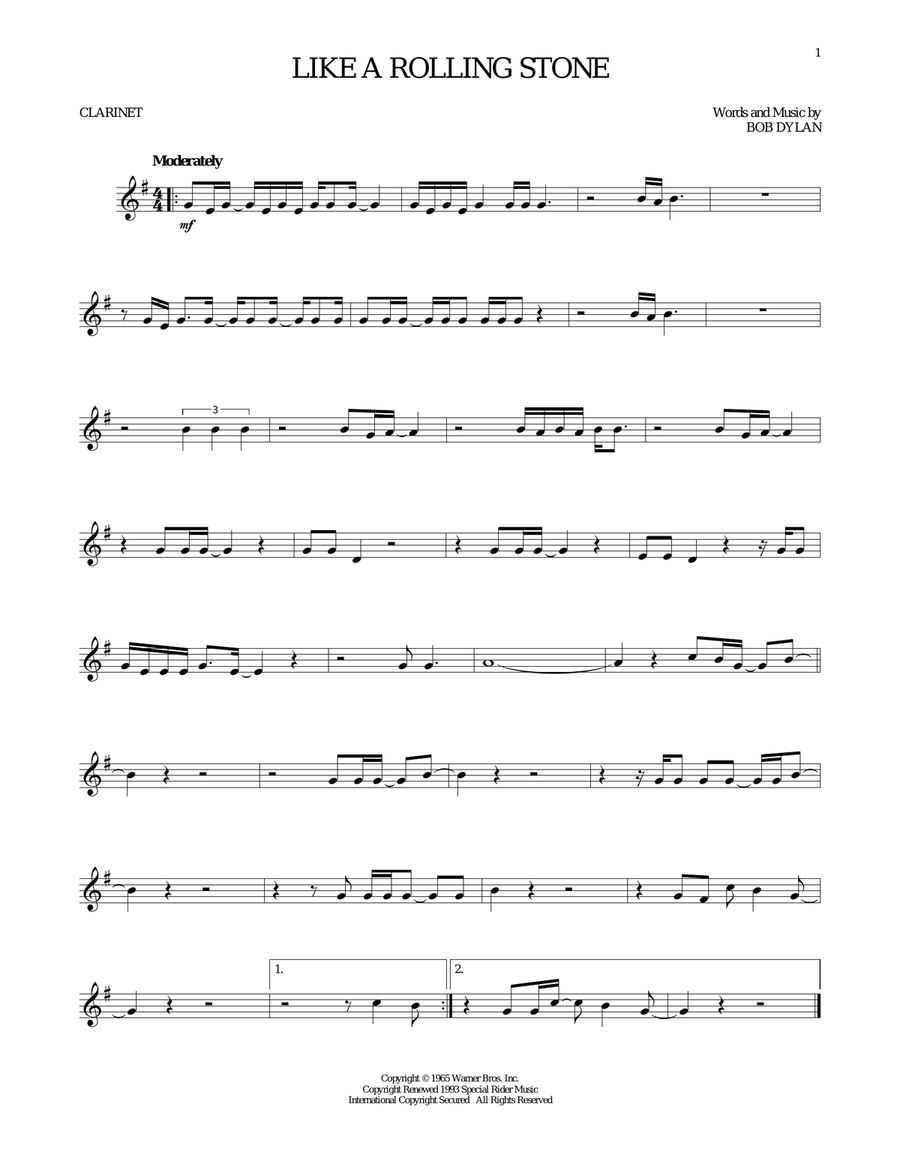 Like A Rolling Stone Clarinet Solo scores gallery preview page 1