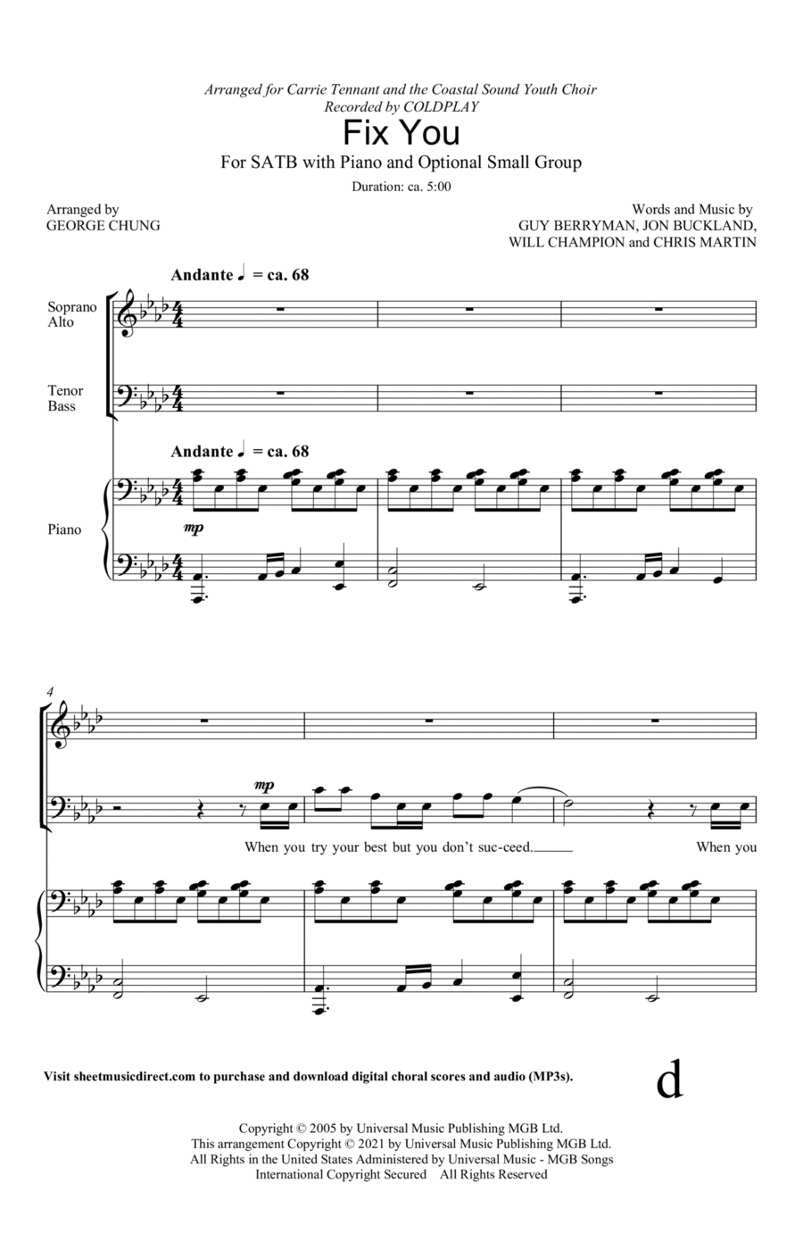 Fix You (arr. George Chung) 4-Part scores gallery preview page 1