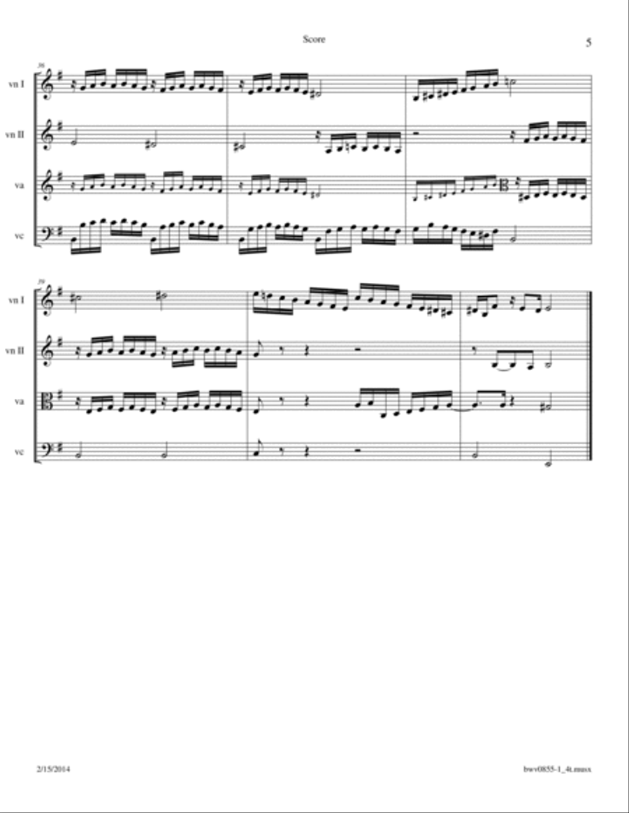 Bach: Prelude BWV 855 in e minor from The Well Tempered Clavier arr. for String Quartet String Quartet scores gallery preview page 5
