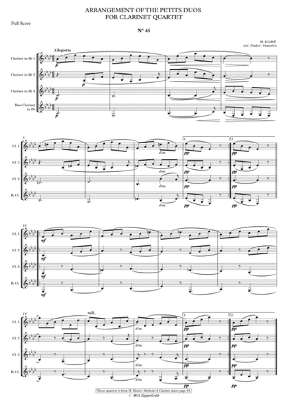 ARRANGEMENT OF THE PETITS DUOS FOR CLARINET QUARTET Nº 45 & 46 image number null