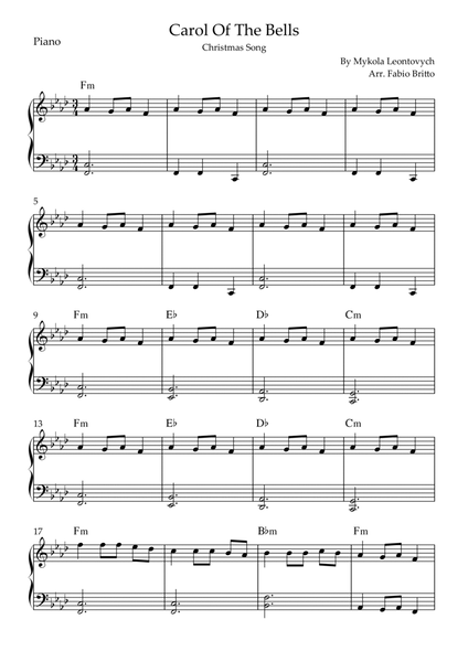Carol Of The Bells (Christmas Song) for Easy Piano Solo with Chords (Ab/Fm) image number null