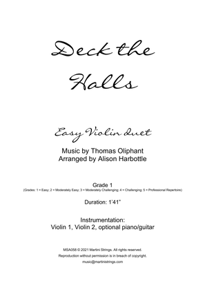 Deck the Halls - Christmas Carol, easy violin duet