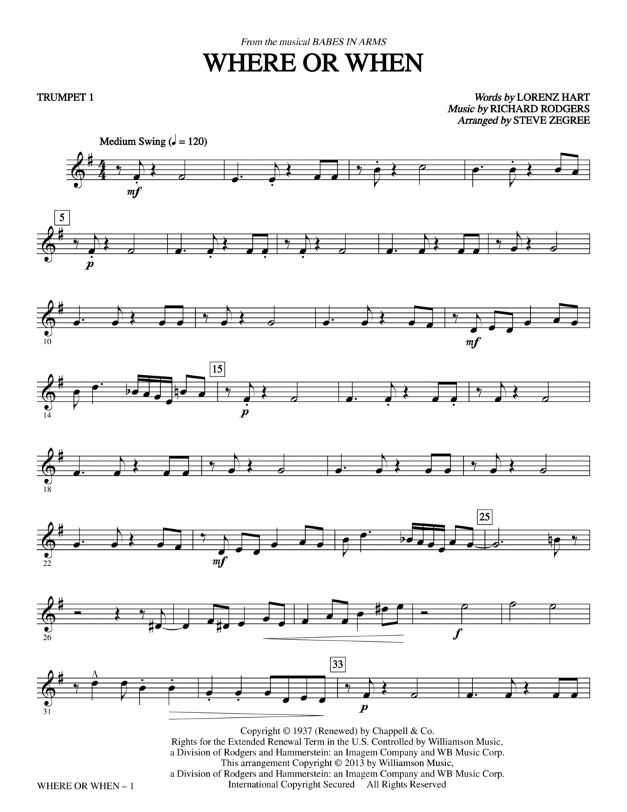 Where Or When (from Babes In Arms) (arr. Steve Zegree) - Bb Trumpet 1 Choir scores gallery preview page 1
