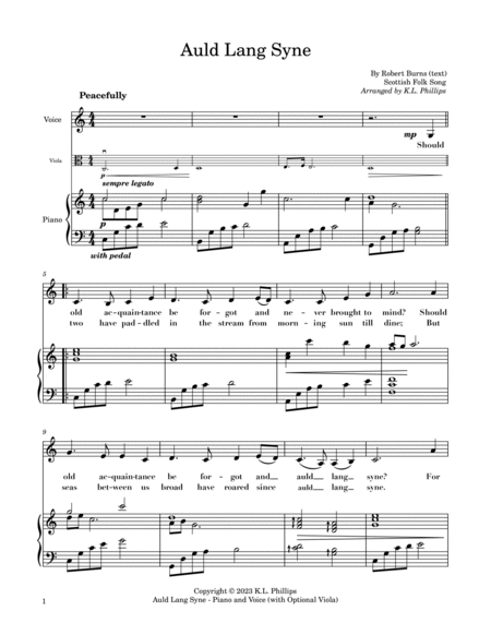 Auld Lang Syne - Vocal Solo with Piano Accompaniment (and Optional Viola Part) image number null