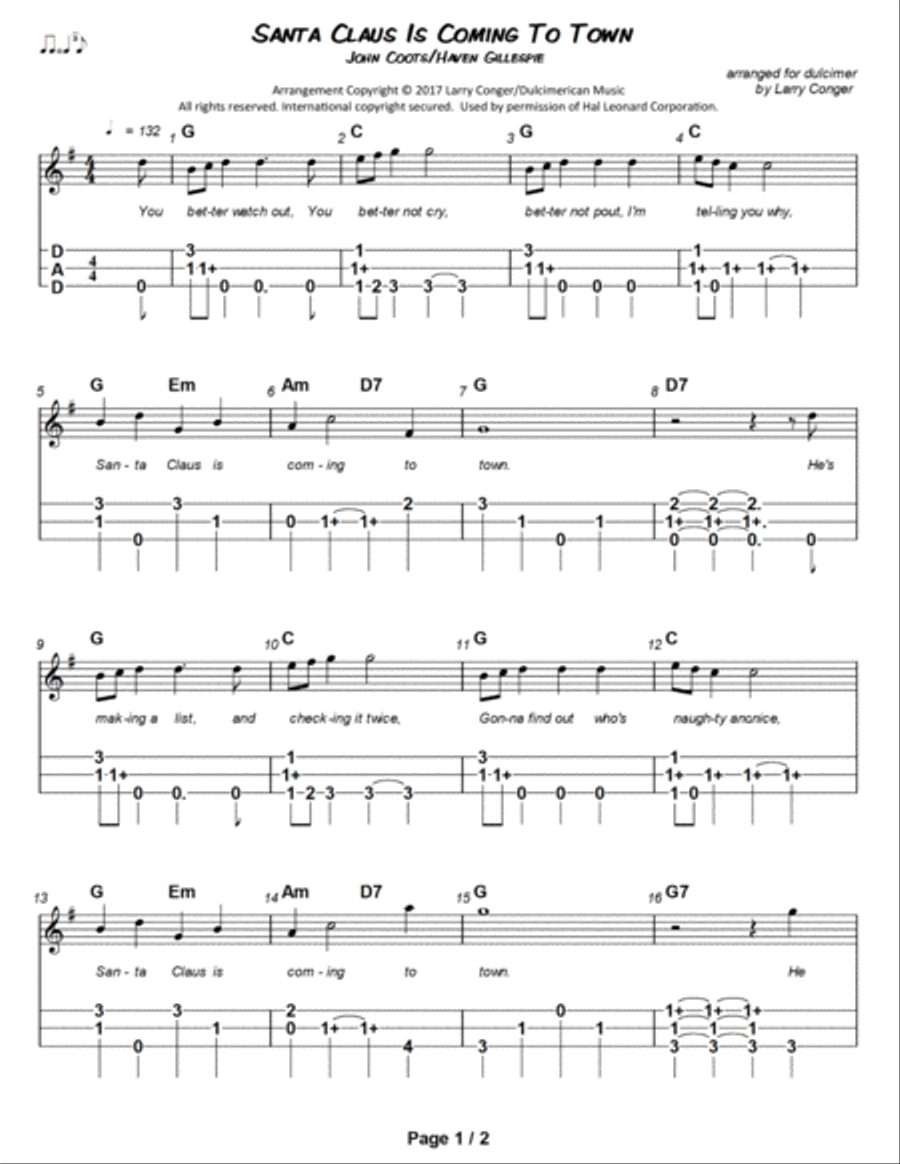Santa Claus Is Comin' To Town Dulcimer scores gallery preview page 2
