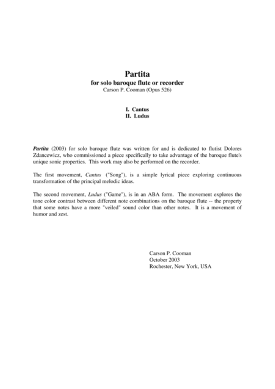 Carson Cooman: Partita for solo baroque flute or recorder Small Ensemble scores gallery preview page 1