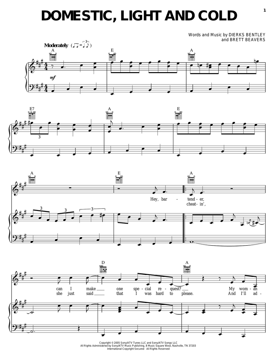 Domestic, Light And Cold Piano, Vocal, Guitar scores gallery preview page 1