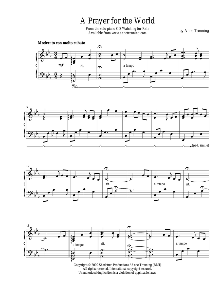 A Prayer for the World (sheet music for piano)