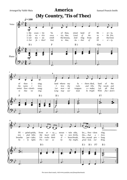 America (My Country, 'Tis of Thee) - Voice and Piano in B-flat (+CHORDS) image number null