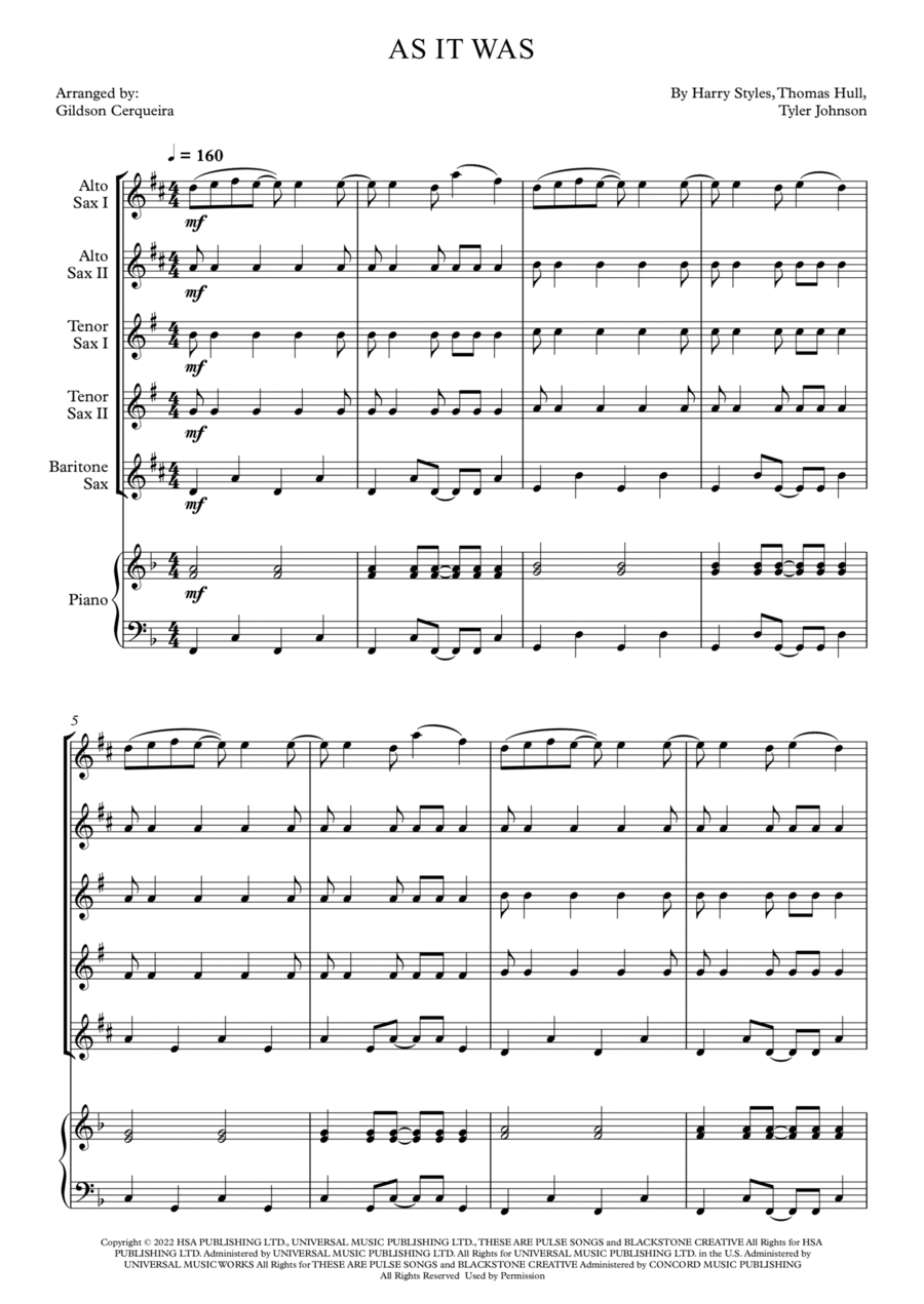 As It Was Saxophone Quintet scores gallery preview page 1