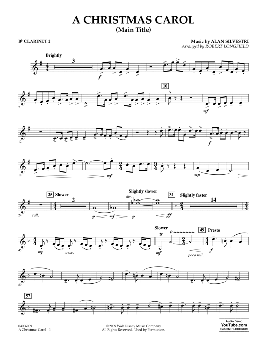 A Christmas Carol (Main Title) (arr. Robert Longfield) - Bb Clarinet 2