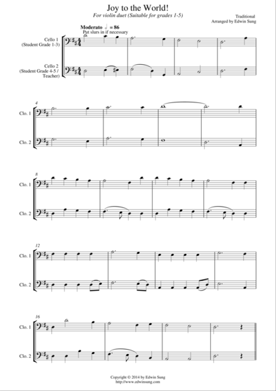 Joy to the World (for cello duet, suitable for grades 1-5) String Duet scores gallery preview page 1