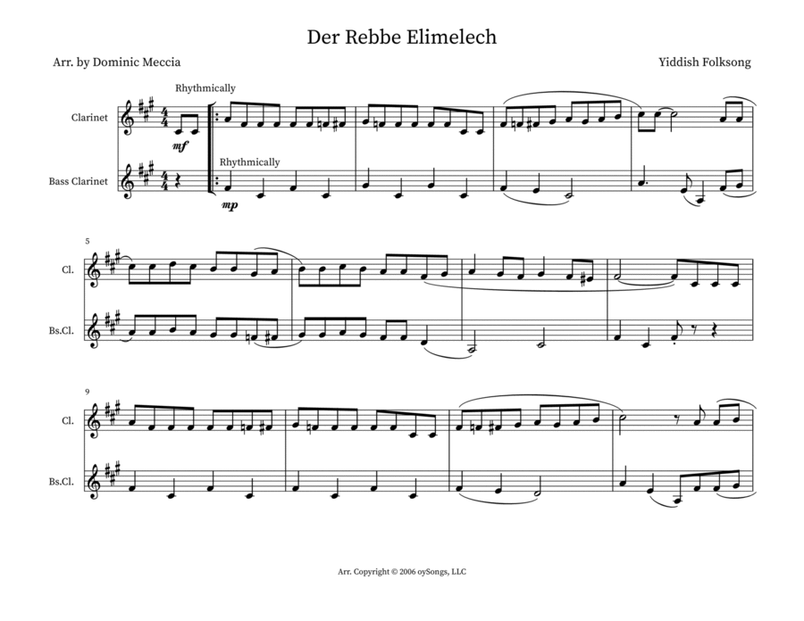 Der Rebbe Elimelech (the Rebbe Elimelech) Clarinet Duet scores gallery preview page 1