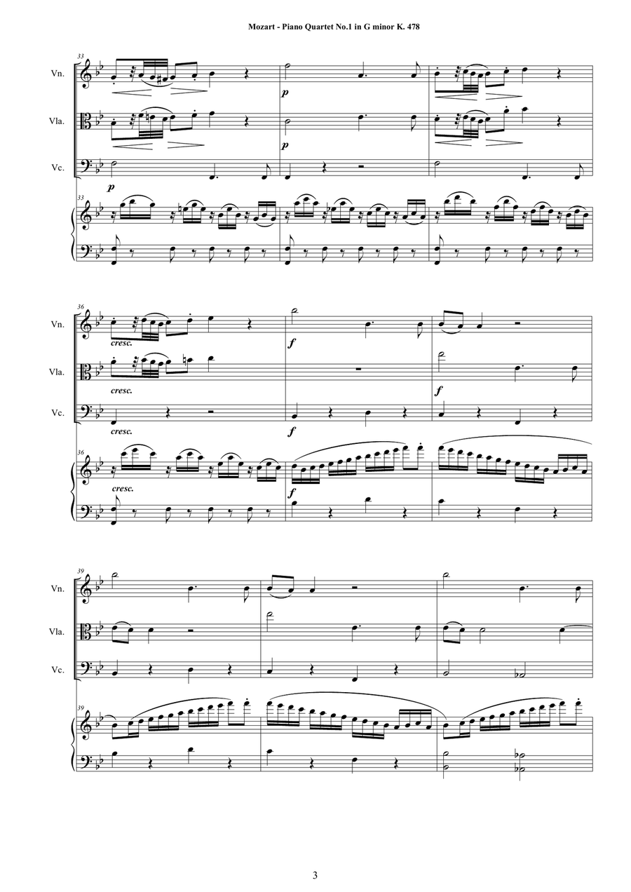 Mozart - Piano Quartet No.1 in G minor K 478 for Violin,Viola, Cello and Piano - Score and Parts Piano Quartet scores gallery preview page 3