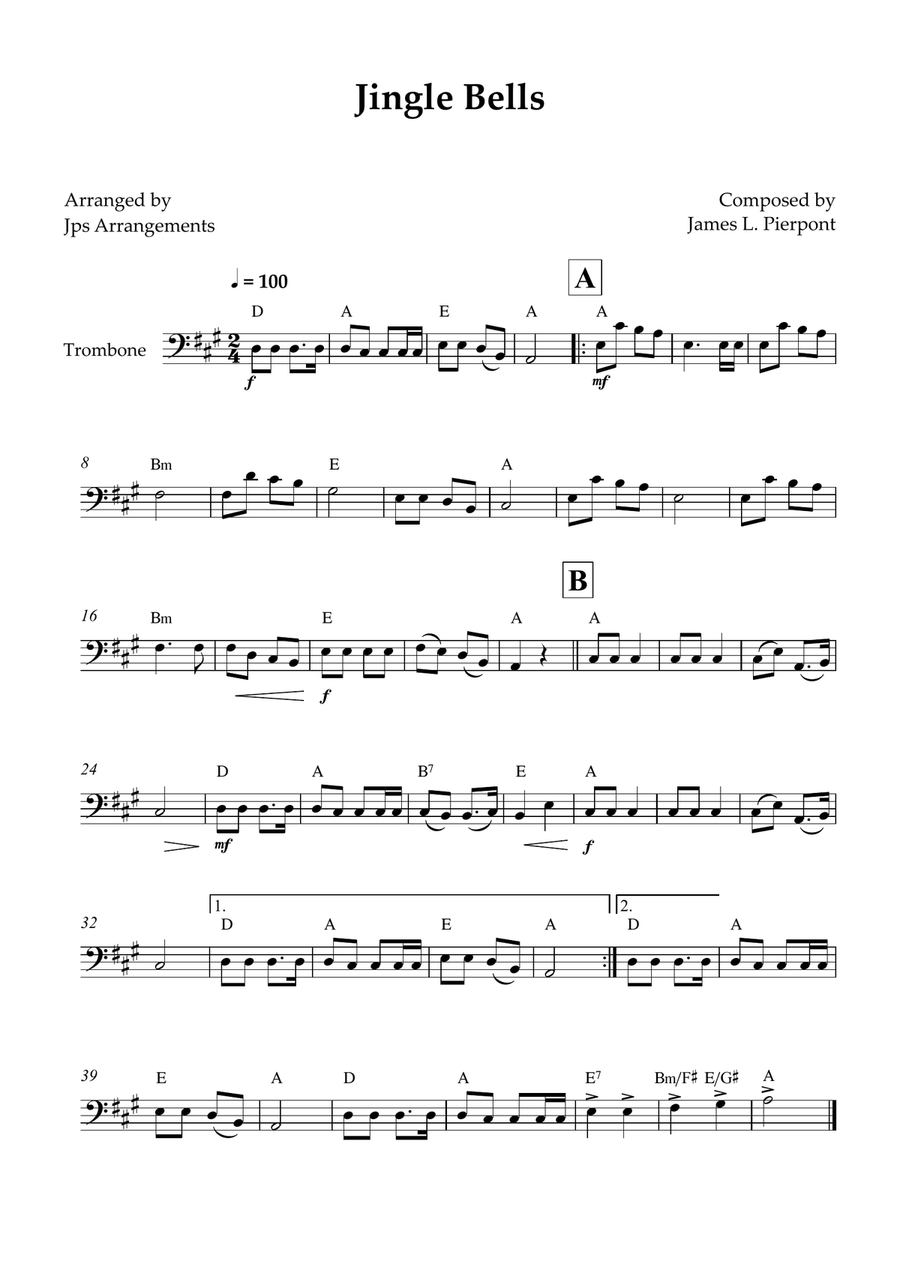 Jingle Bells for Trombone Trombone Solo scores gallery preview page 1