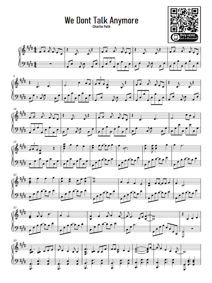 We Don't Talk Anymore Easy Piano scores gallery preview page 1