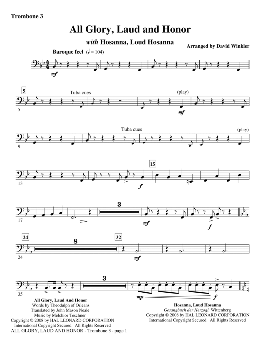 All Glory, Laud, And Honor (with Hosanna, Loud Hosanna) - Trombone 3 Trombone scores gallery preview page 1