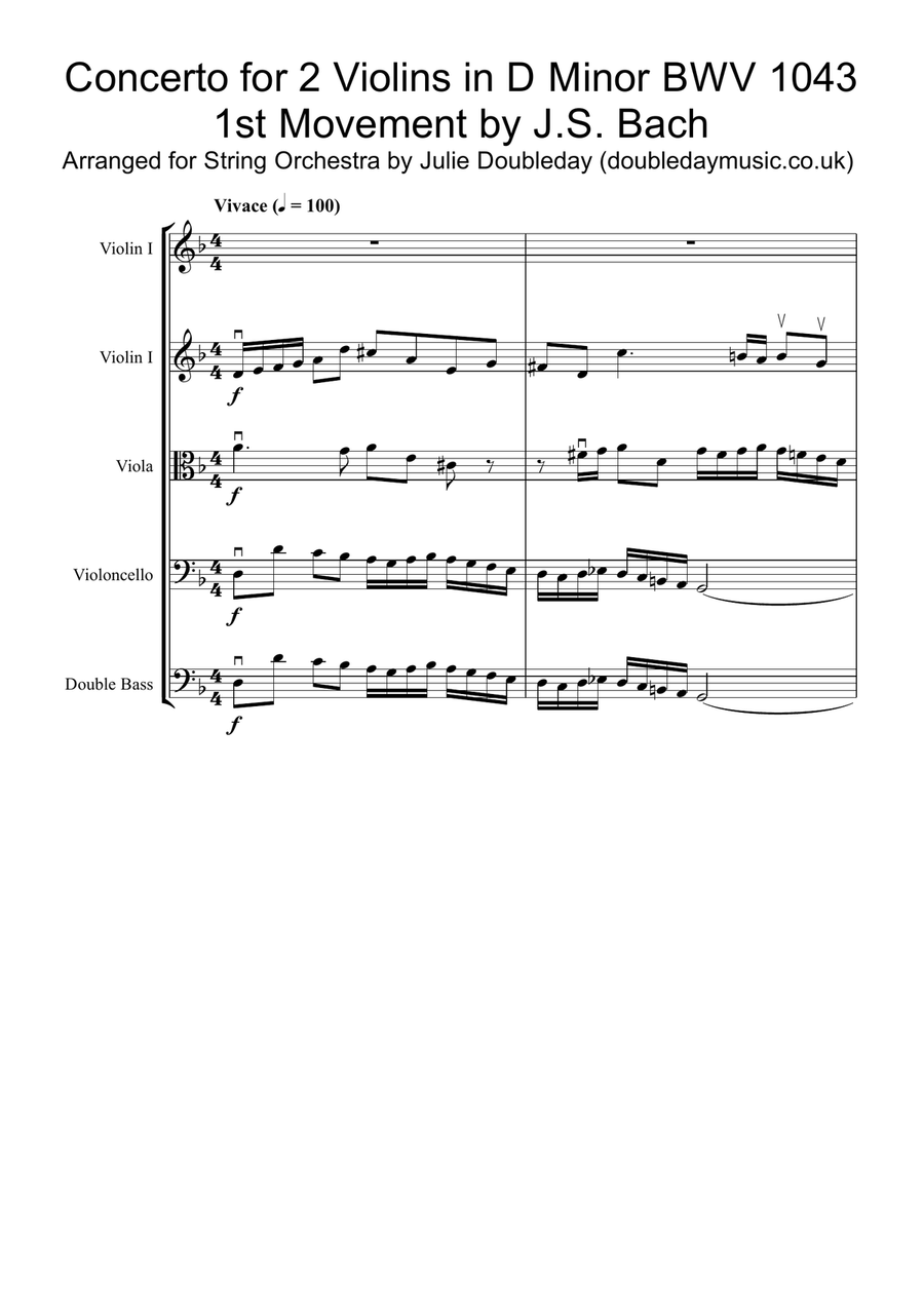 Bach Double Violin Concerto in D Minor for String Orchestra String Orchestra scores gallery preview page 1