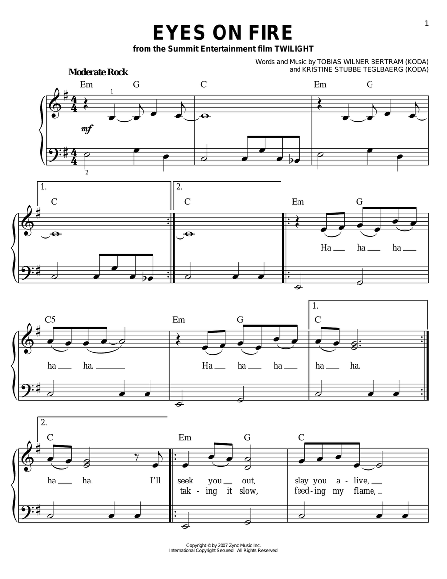 Eyes On Fire Eyes On Fire Easy Piano scores gallery preview page 1