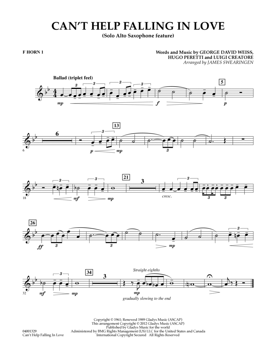 Can't Help Falling In Love (Solo Alto Saxophone Feature) - F Horn 1 Concert Band scores gallery preview page 1