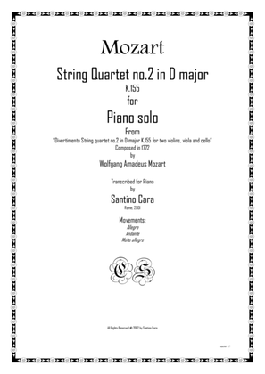 Mozart – Complete String quartet no.2 in D major K155 for piano solo