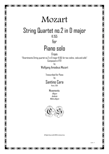 Mozart – Complete String quartet no.2 in D major K155 for piano solo image number null